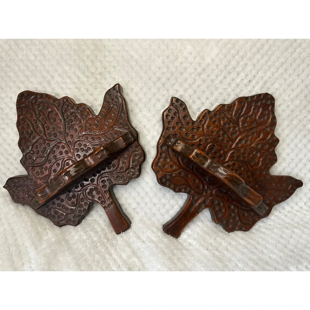 Vintage Hand Carved Wooden Leaf Wall Sconces Pair Rustic Cabin Decor Shelves